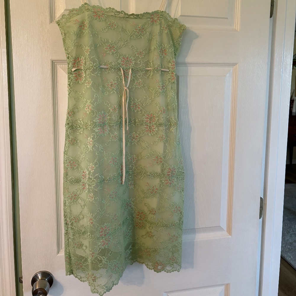 Lace dress with lining! Is a pale green and pink with tiny pink silk straps.